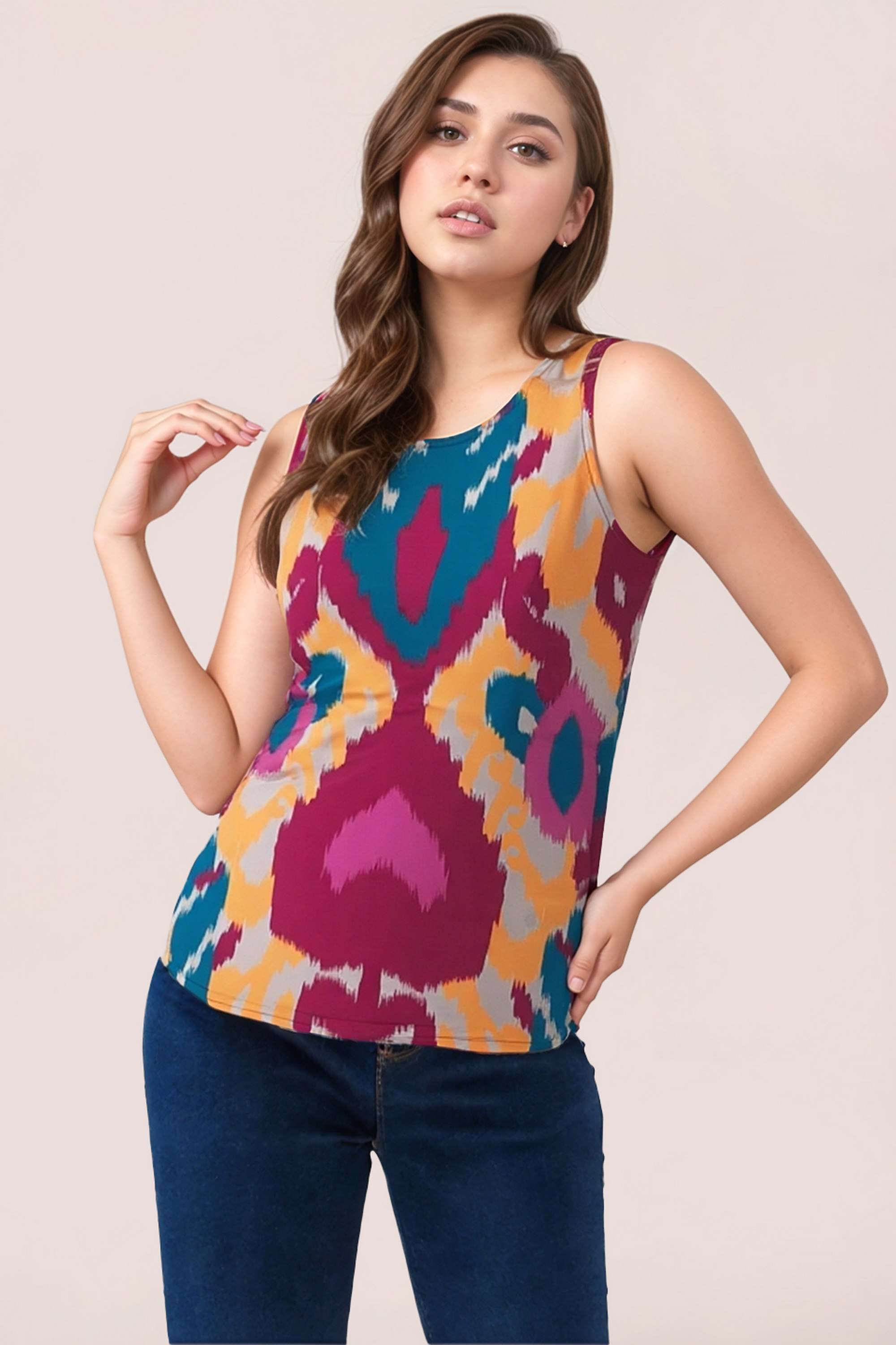 Geometric-Print-Polyester-Round-Neck-Women-s-Top