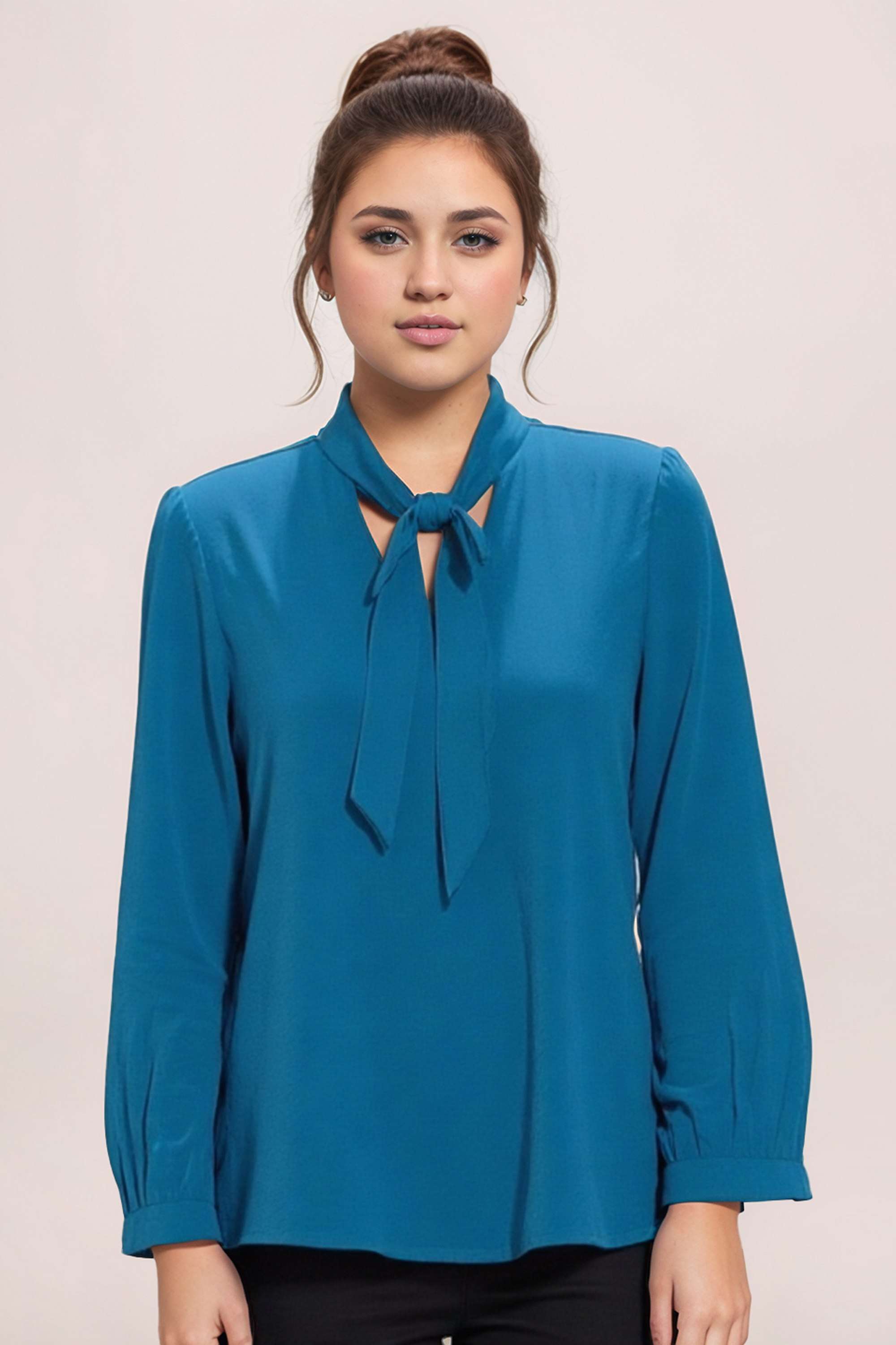 Solid-Polyester-V-Neck-Women-s-Top