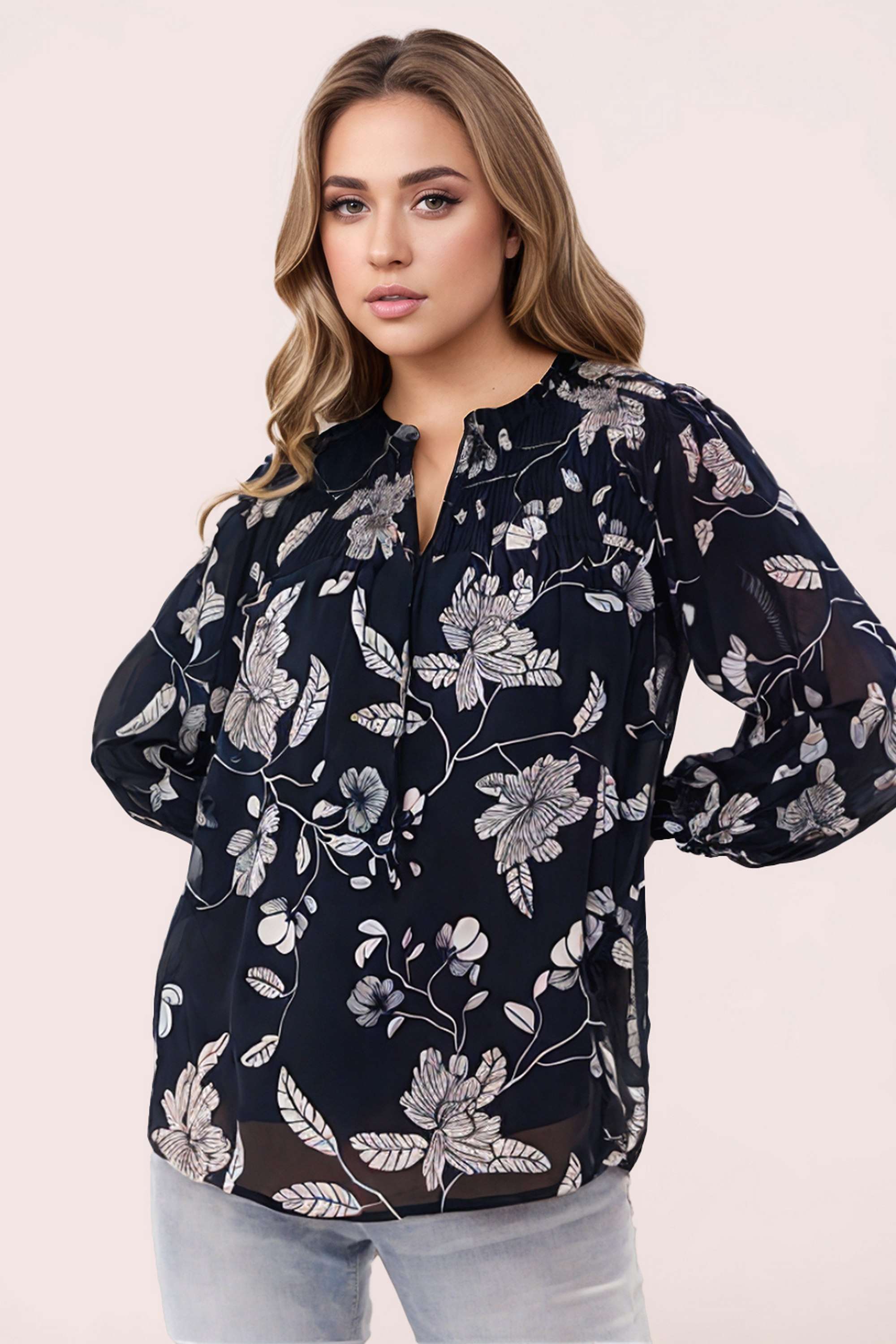 Floral-Polyester-Tie-Up-Neck-Women-s-Top