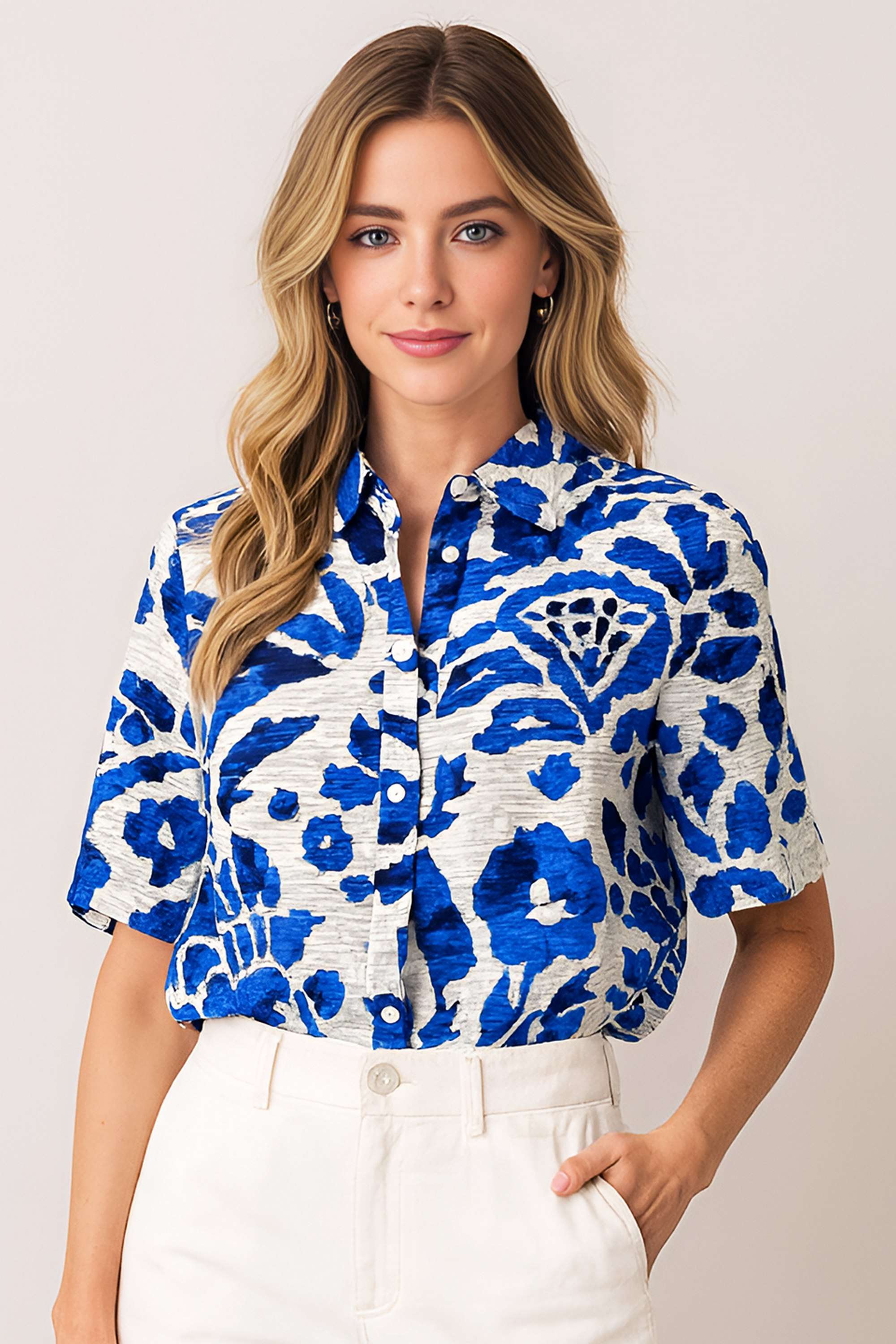 Printed-Blended-Fabric-Collared-Women-s-Top