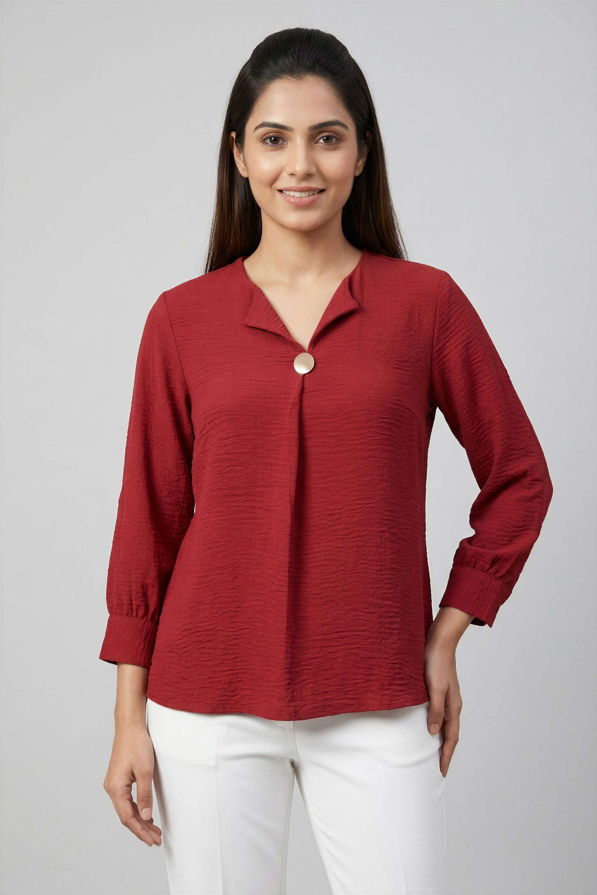 stop Solid Blended Fabric V-Neck Women's Top-picture-31