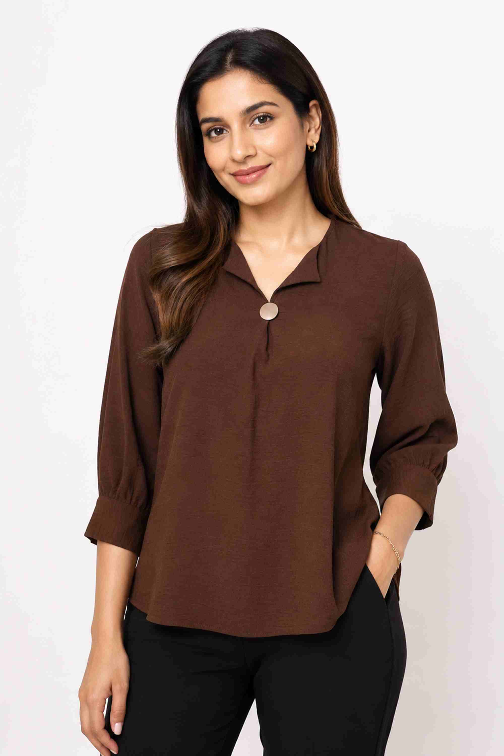 stop Solid Polyester V-Neck Women's Tope-picture-24