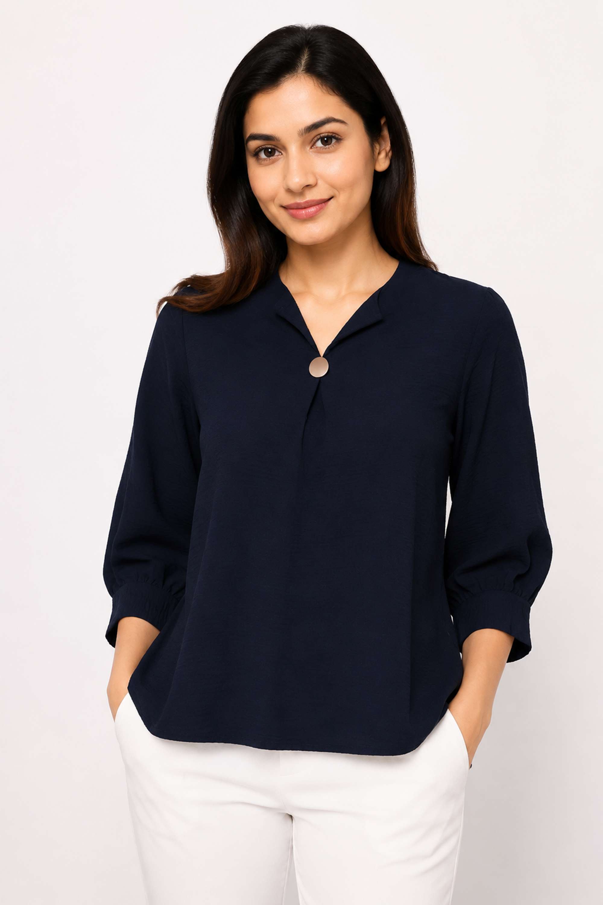 stop Solid Polyester V-Neck Women's Tope-picture-40