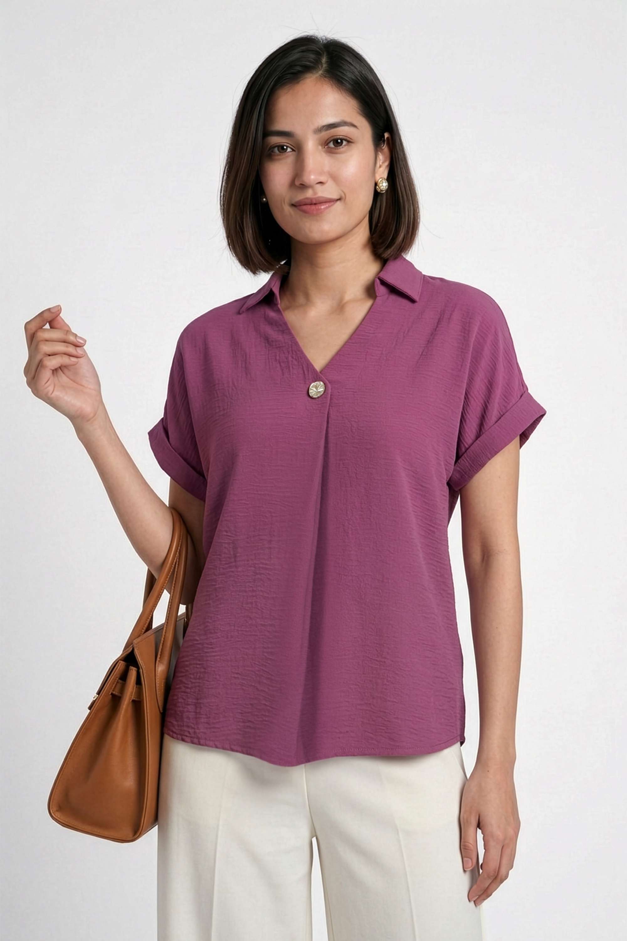 stop Solid Polyester V-Neck Women's Top-picture-36