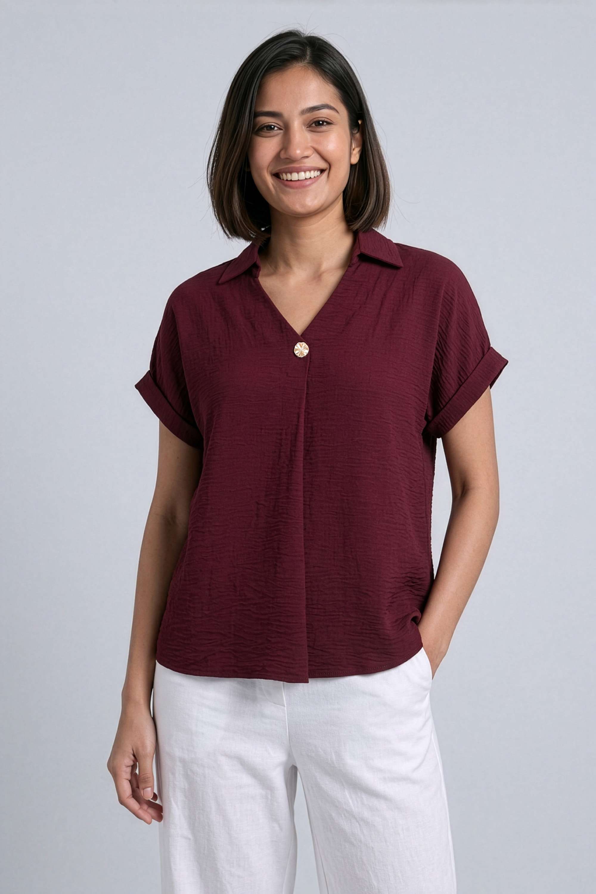 stop Solid Polyester V-Neck Women's Top-picture-25