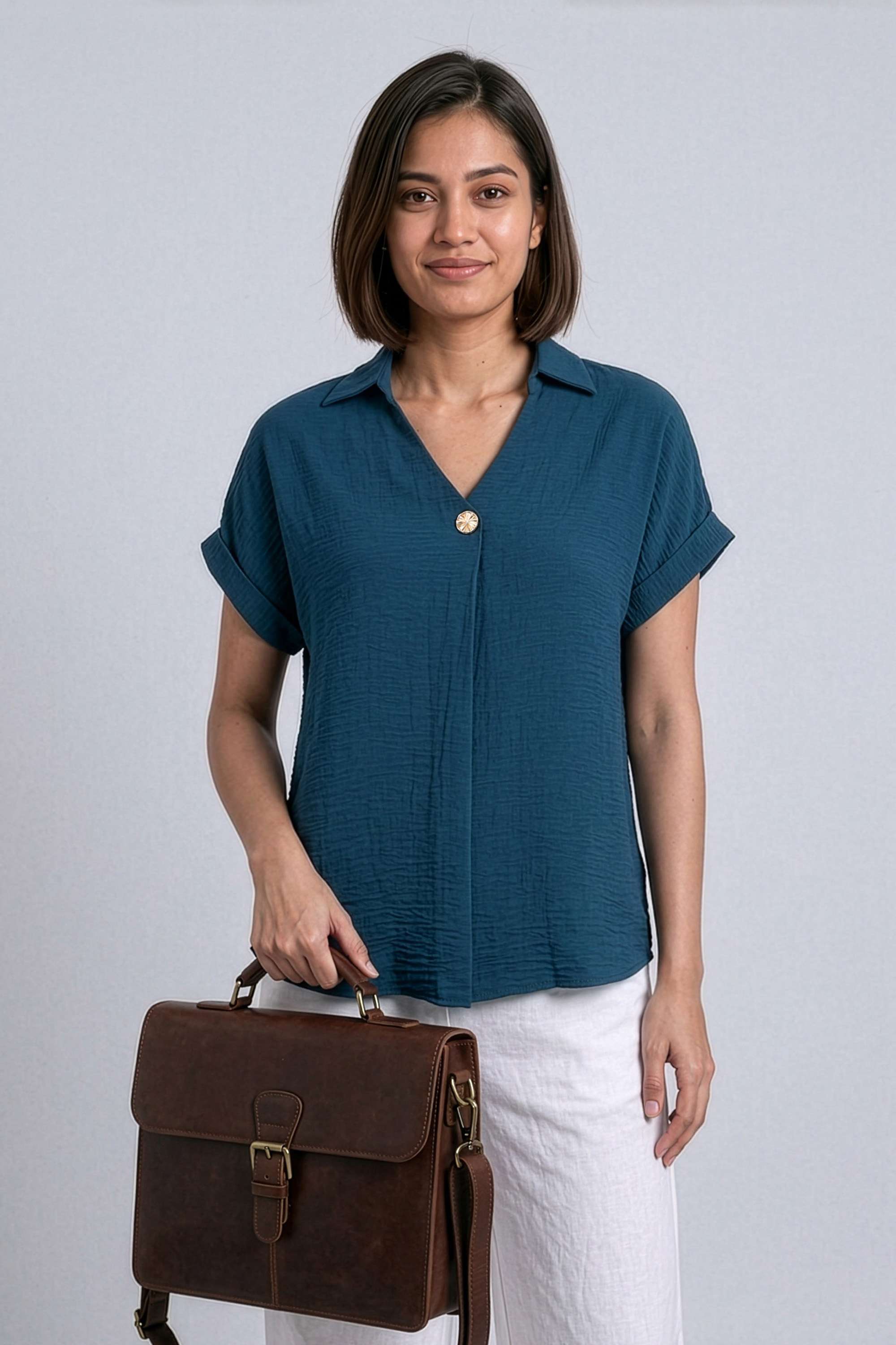 stop Solid Polyester V-Neck Women's Top-picture-10