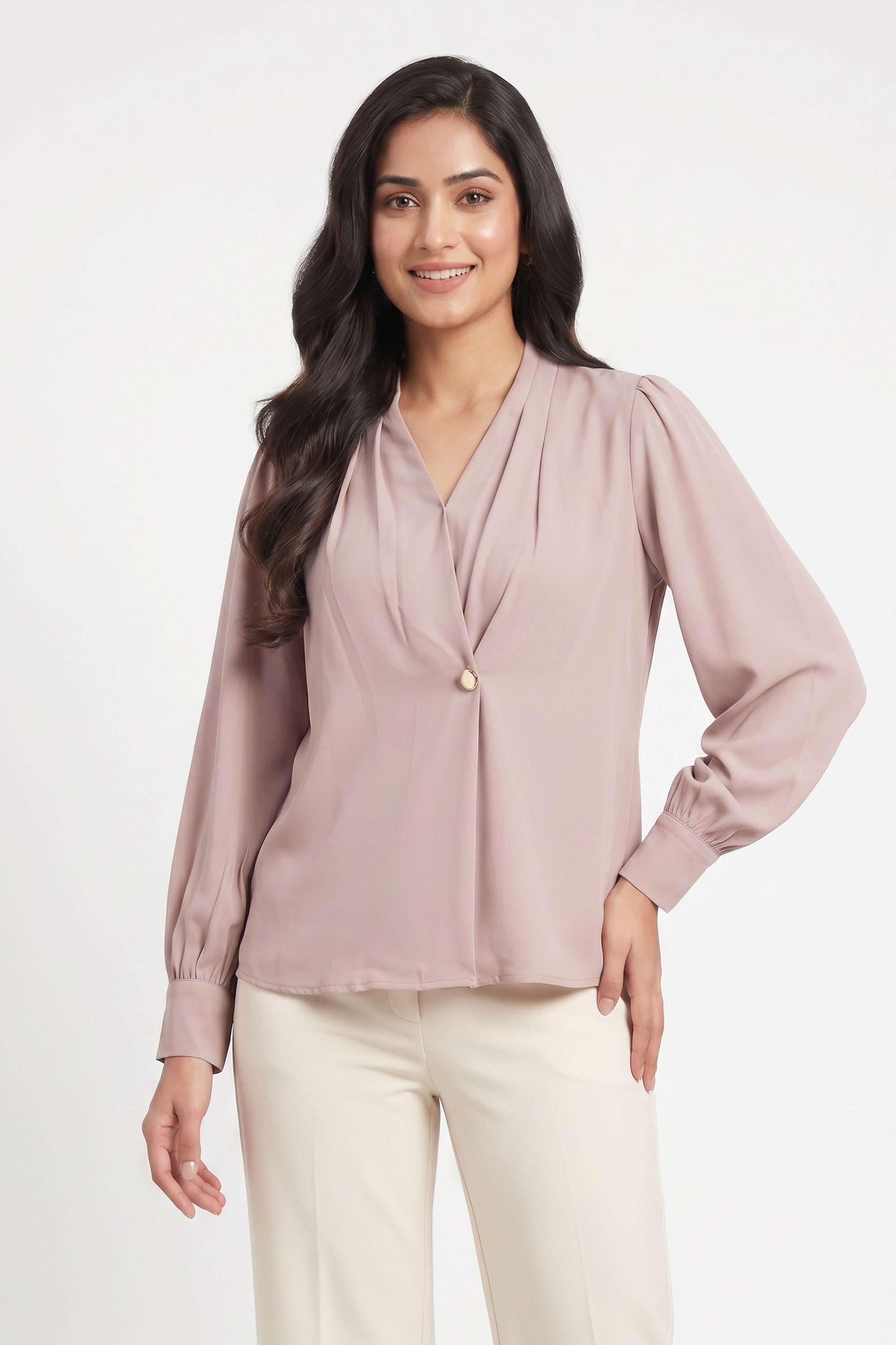 stop Solid Polyester V-Neck Women's Top-picture-10