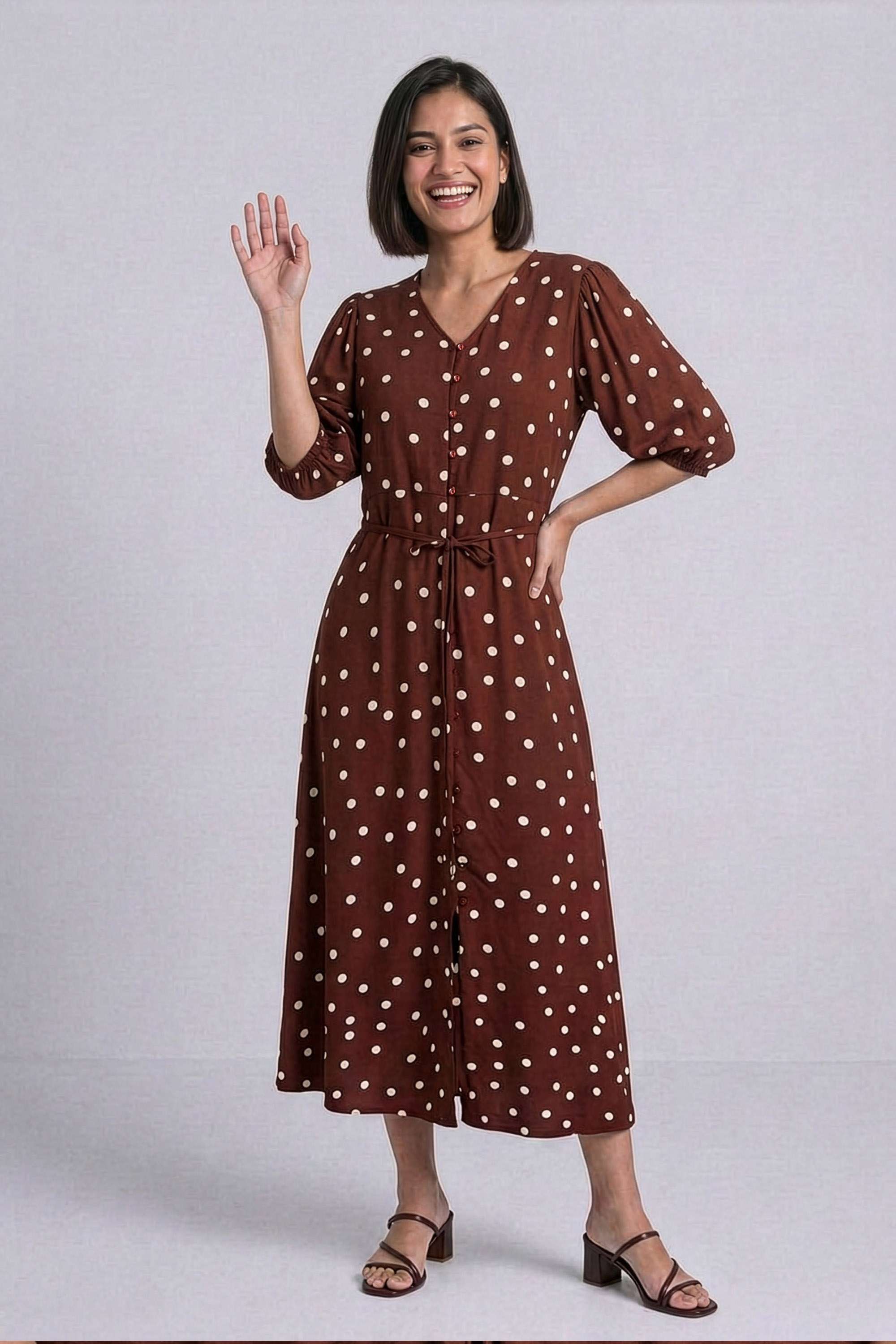 Polka Dots V-Neck Viscose Women's Dress-image-28