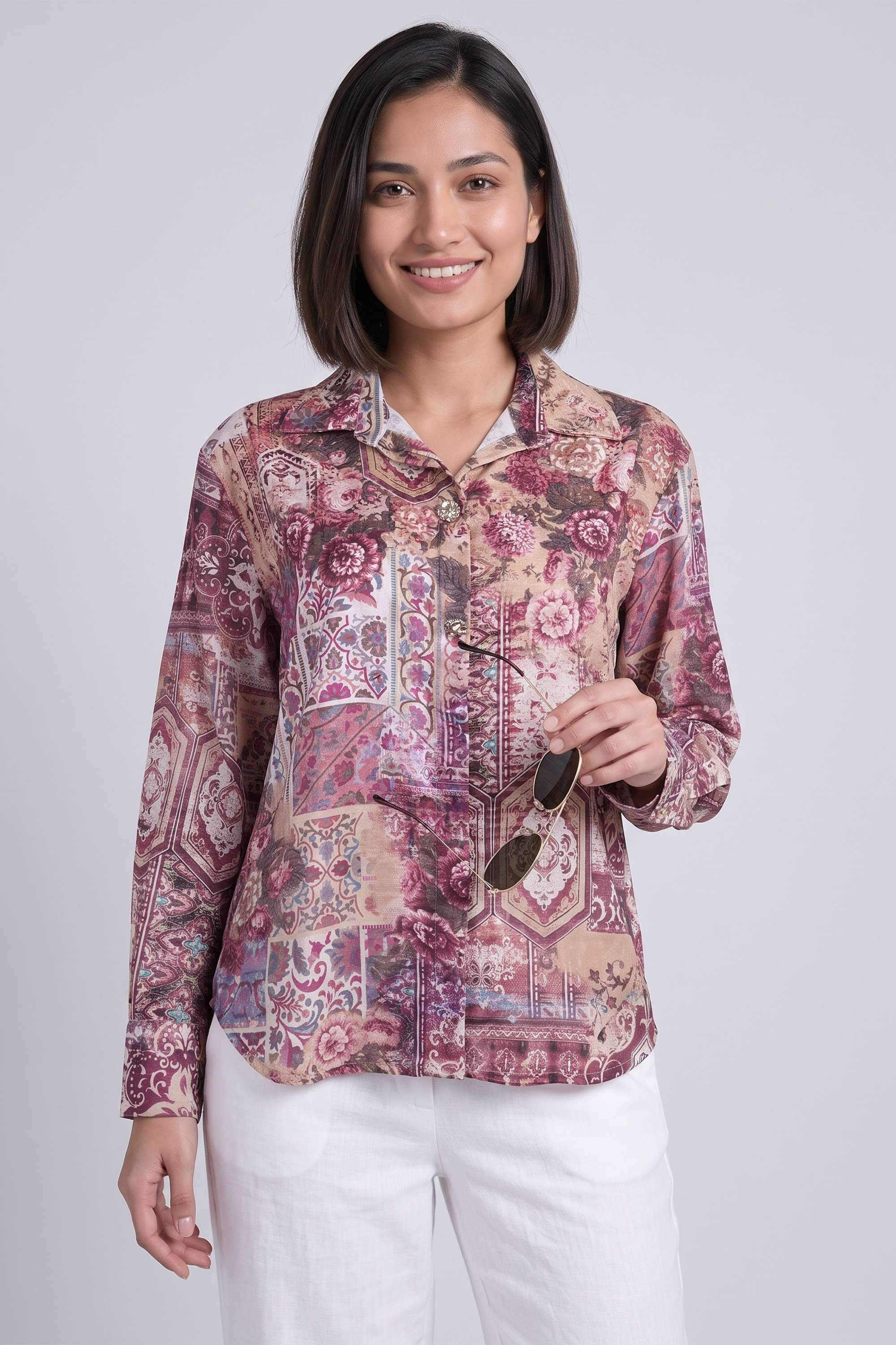 fratini Printed Collared Satin Women's Casual Wear Shirt-picture-14