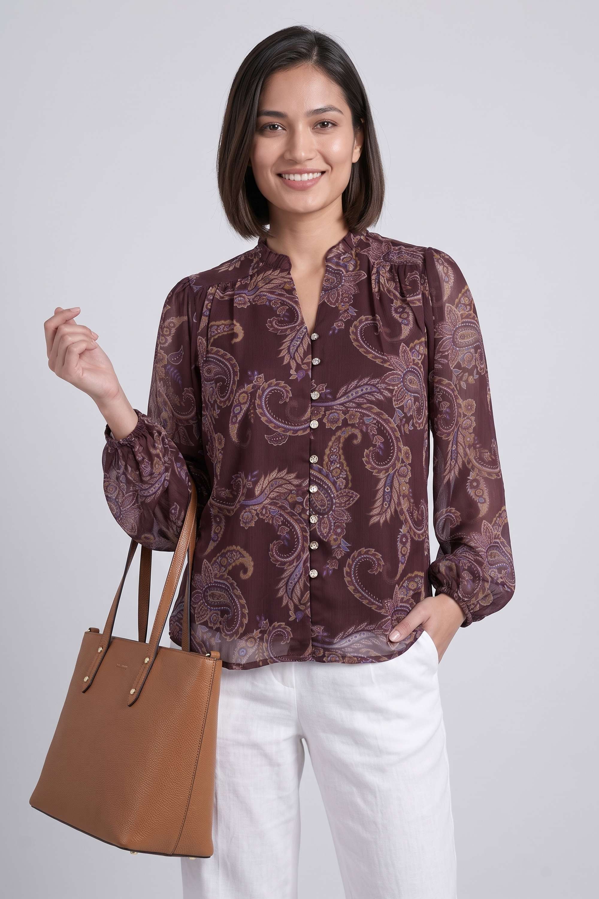 fratini Printed Chiffon V-Neck Women's Top-picture-25