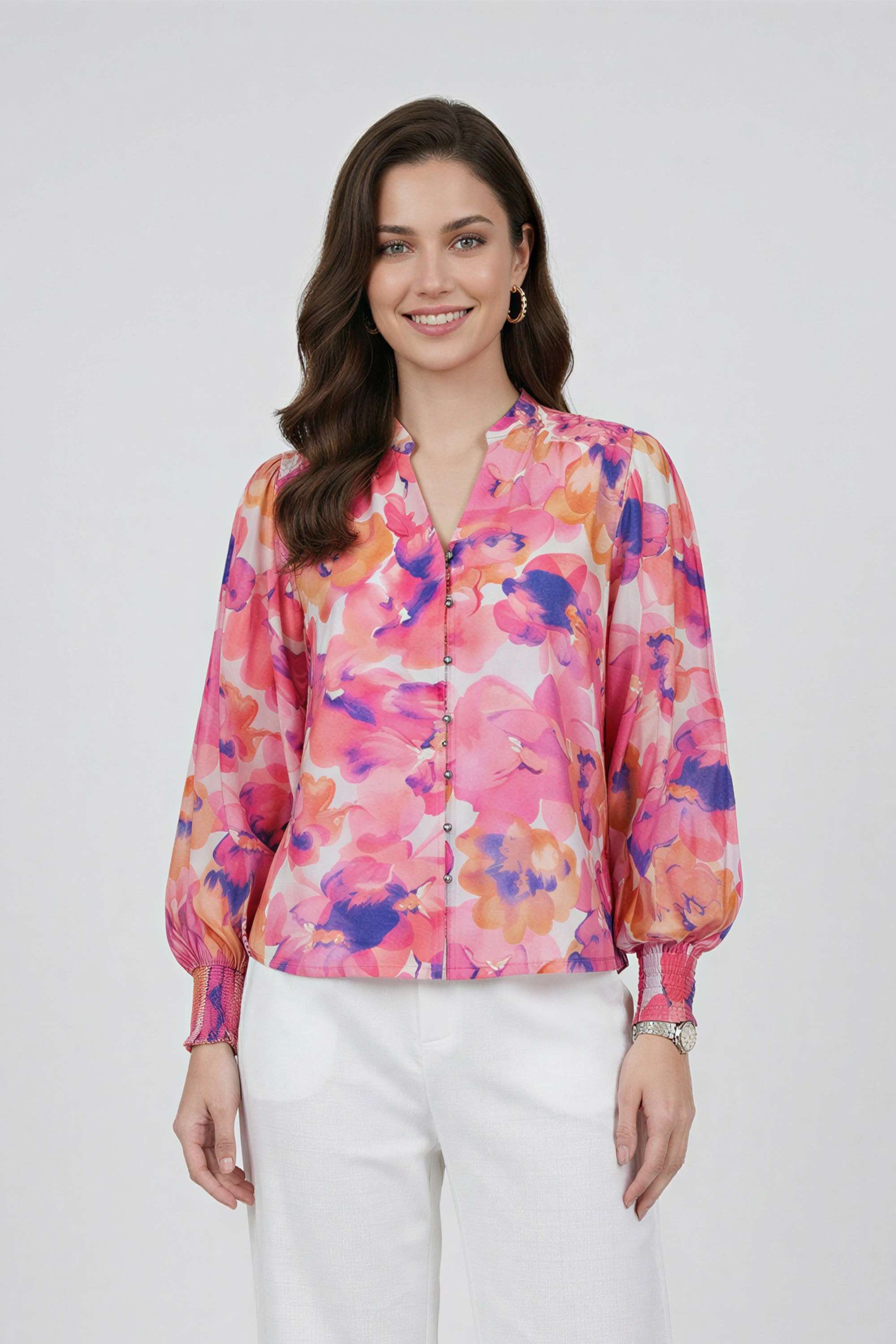 fratini Printed Blended Fabric V-Neck Women Top-picture-14