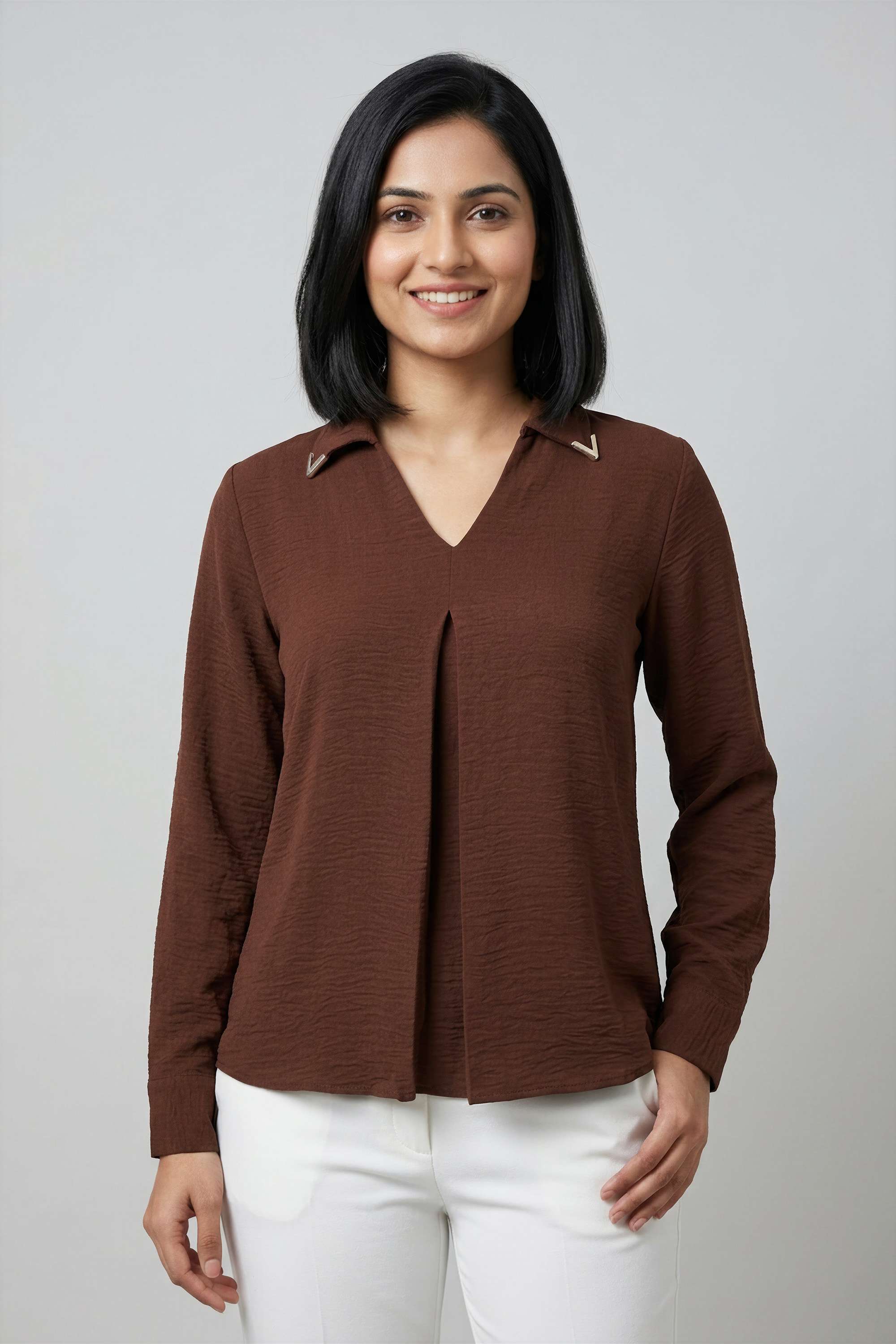 Solid Polyester Collared Women's Top-image-9