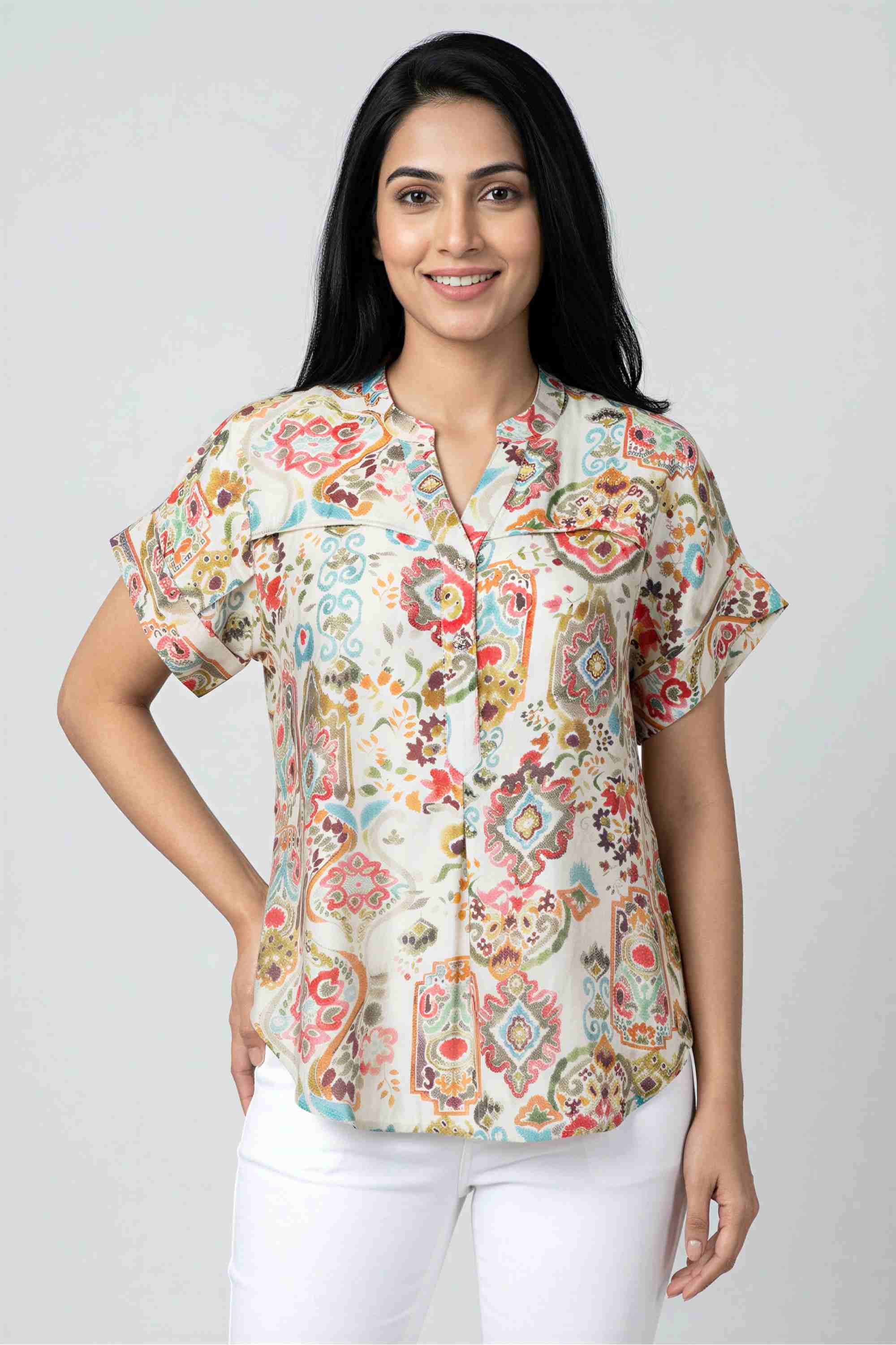 fratini Solid Blended Fabric V-Neck Women's Top-picture-22