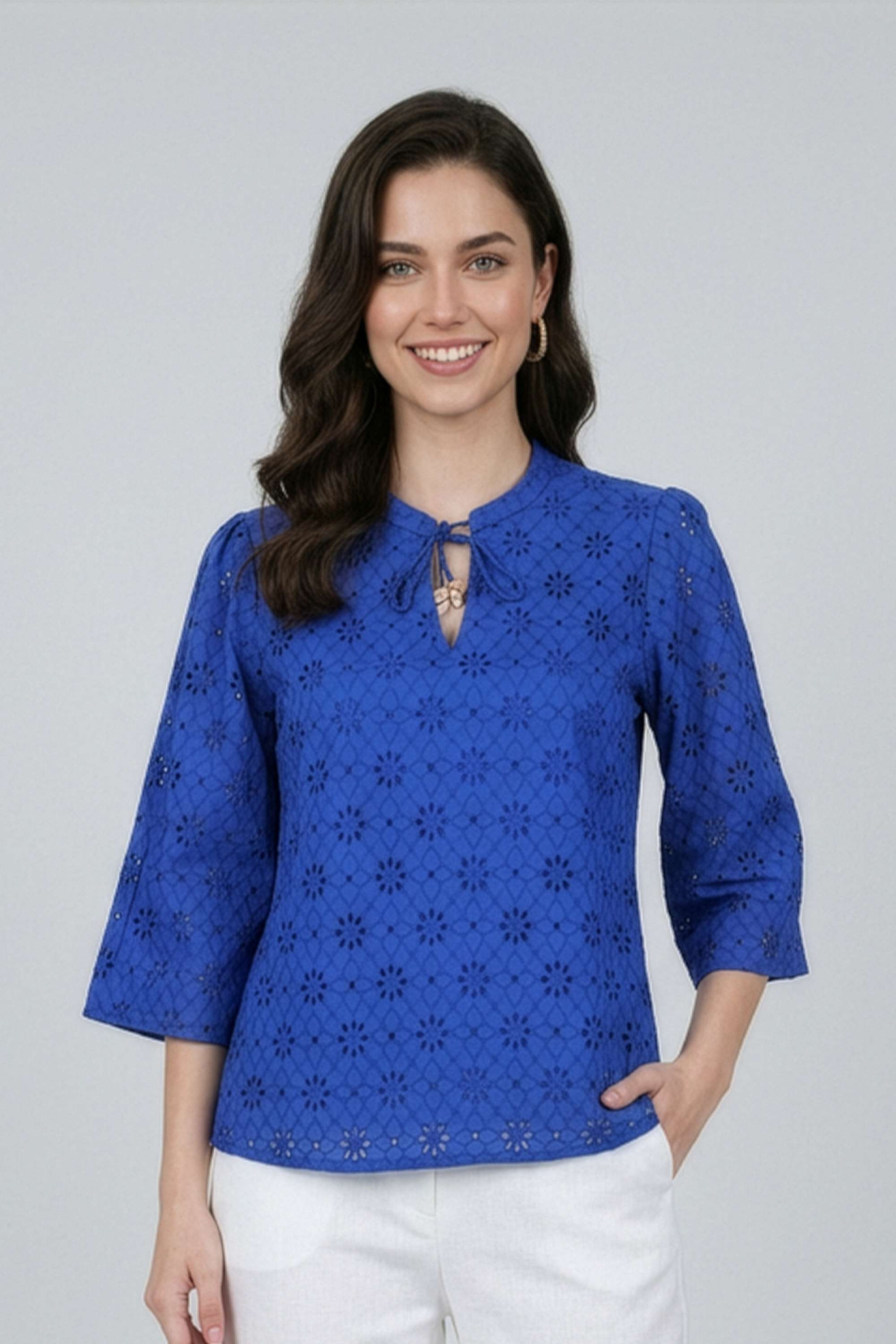 fratini Schiffli Cotton V-Neck Women's Top-picture-26