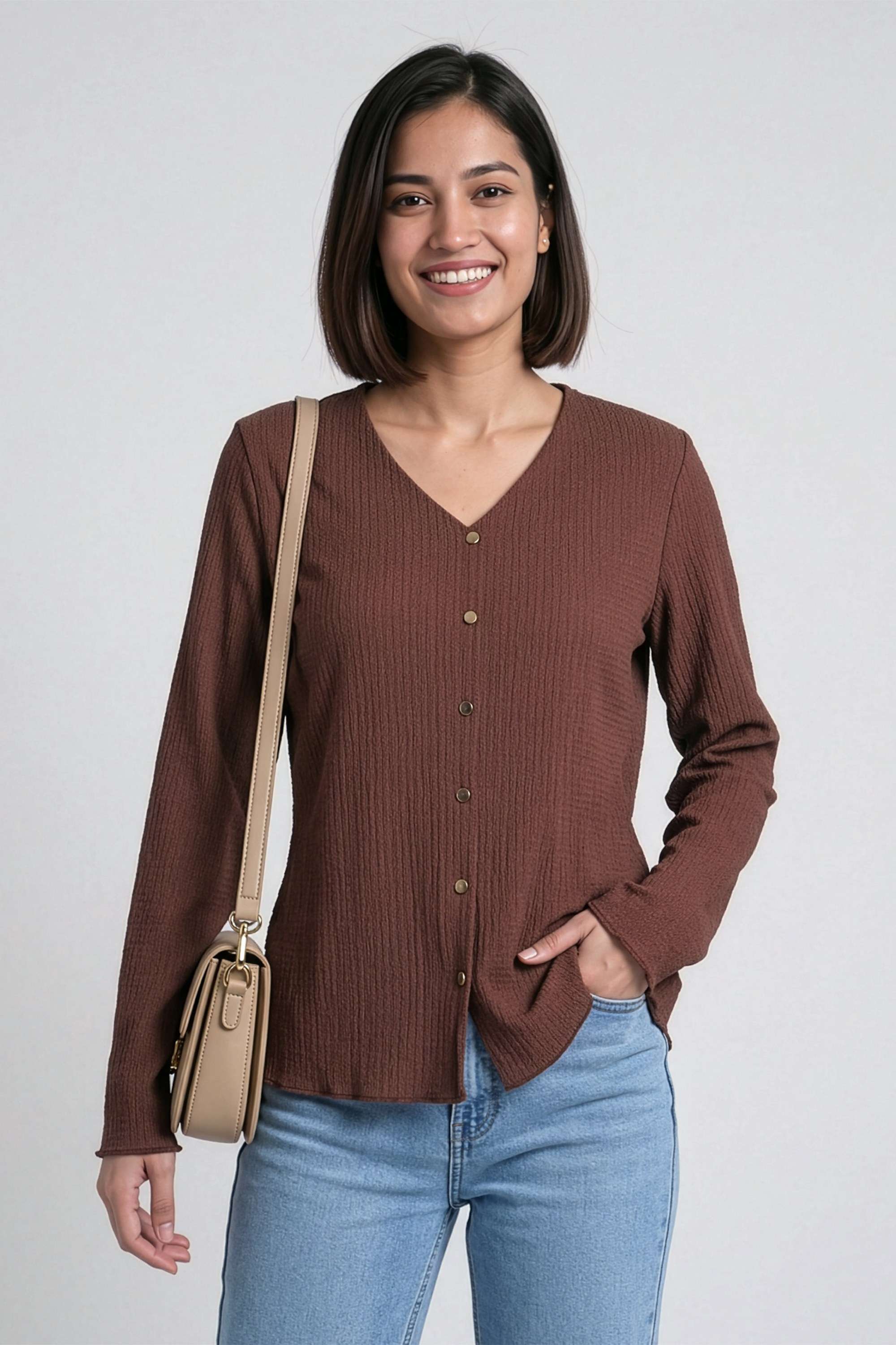 life Solid Blended Fabric V-Neck Women's T-Shirt-picture-28