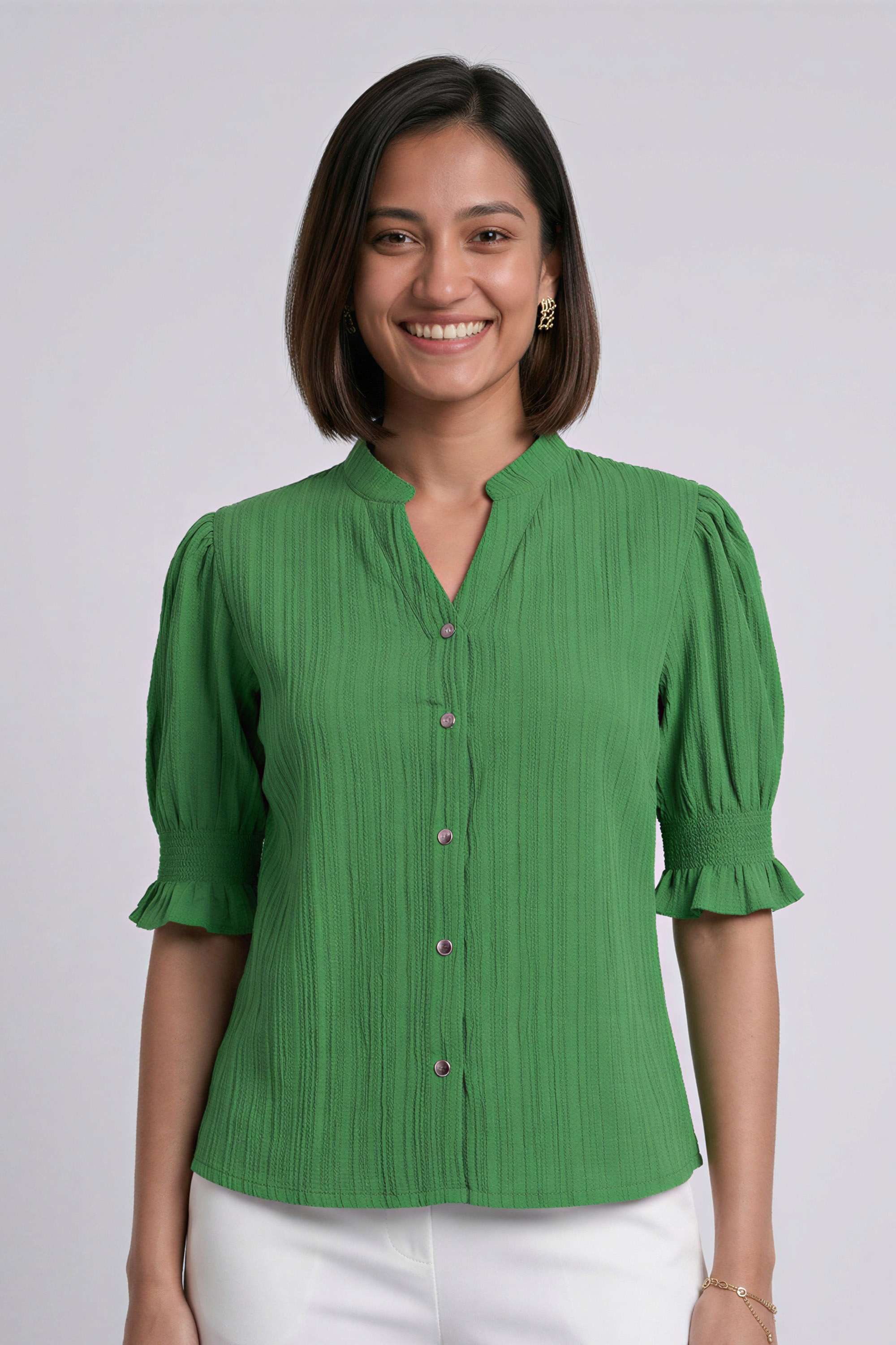life Solid Blended Fabric Collared Women's Top-picture-22