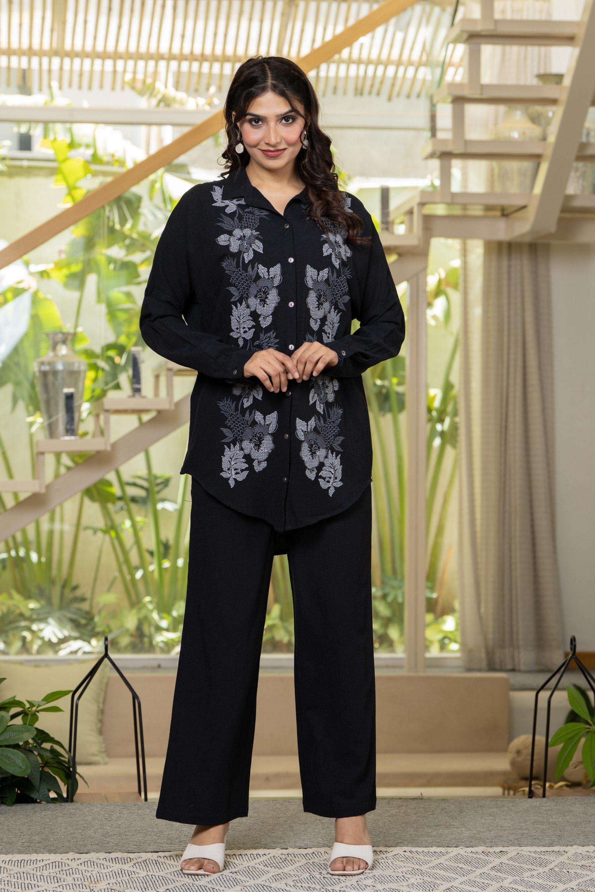 juniper Embroidered Above Knee Viscose Woven Women's Shirt and Pant Co-Ord Set with Thread Work-picture-40