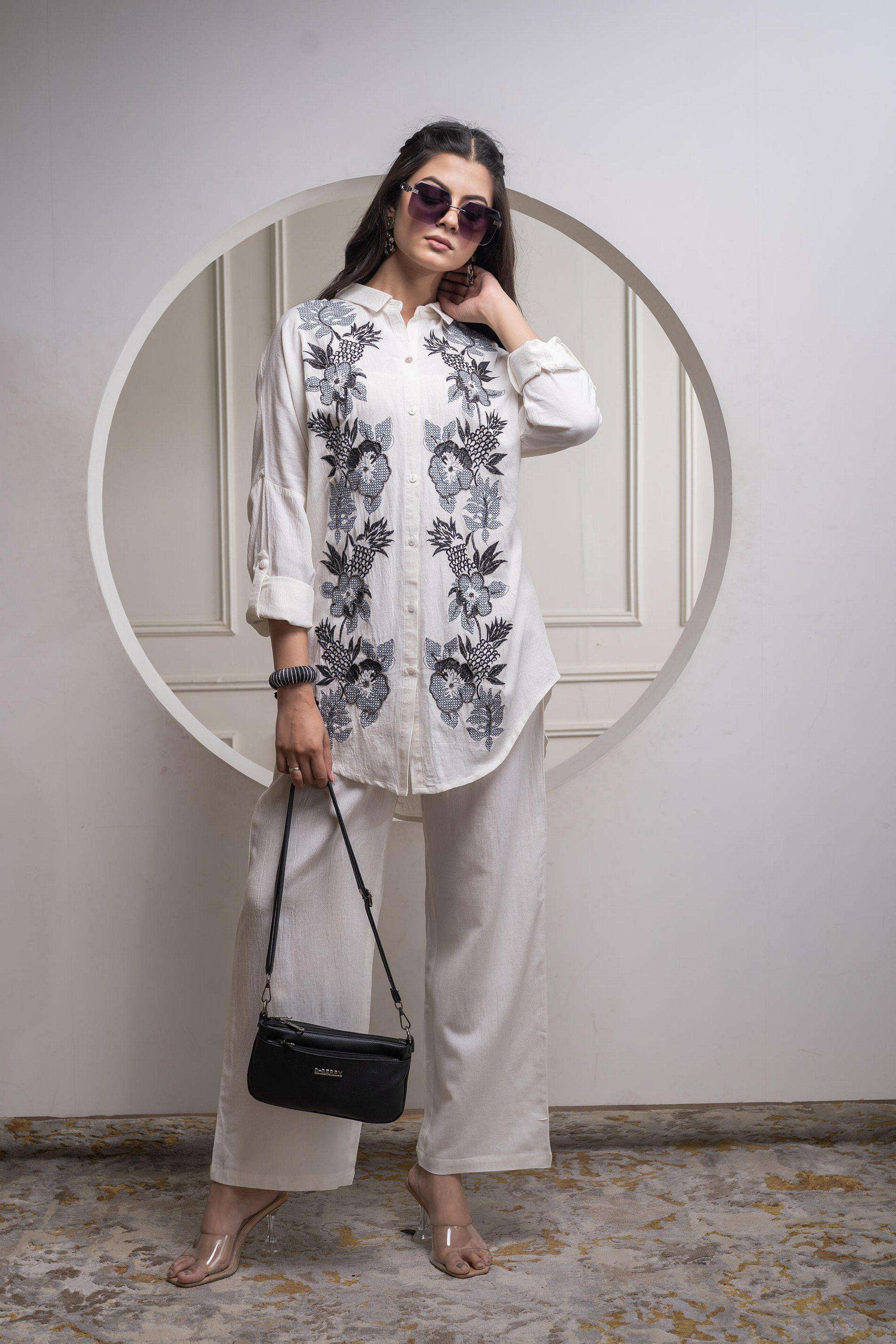 juniper Embroidered Above Knee Viscose Woven Women's Shirt and Pant Co-Ord Set with Thread Work-picture-31