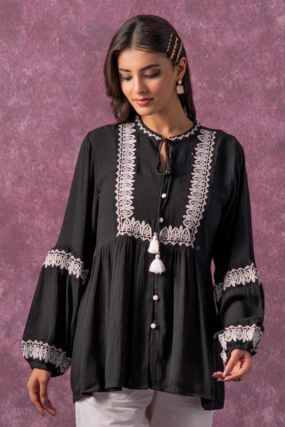 juniper Embroidered Viscose Tie Up NeckÂ Women Tunic-picture-11