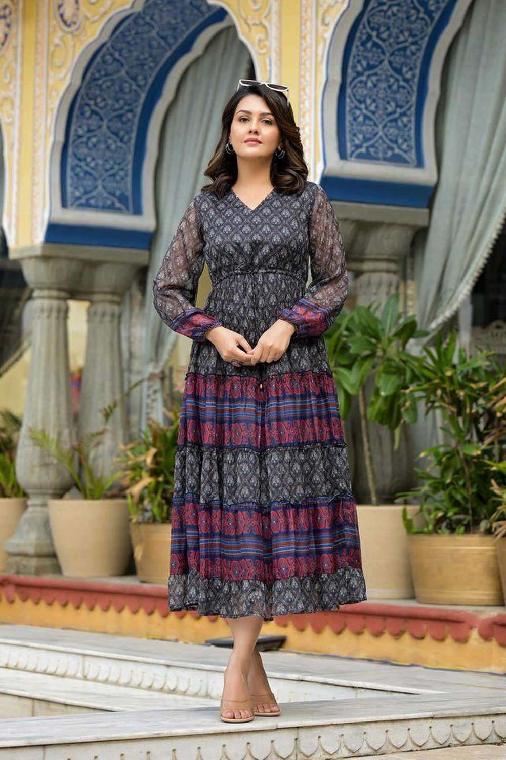 Printed V-Neck Chiffon Women Dress-image-26