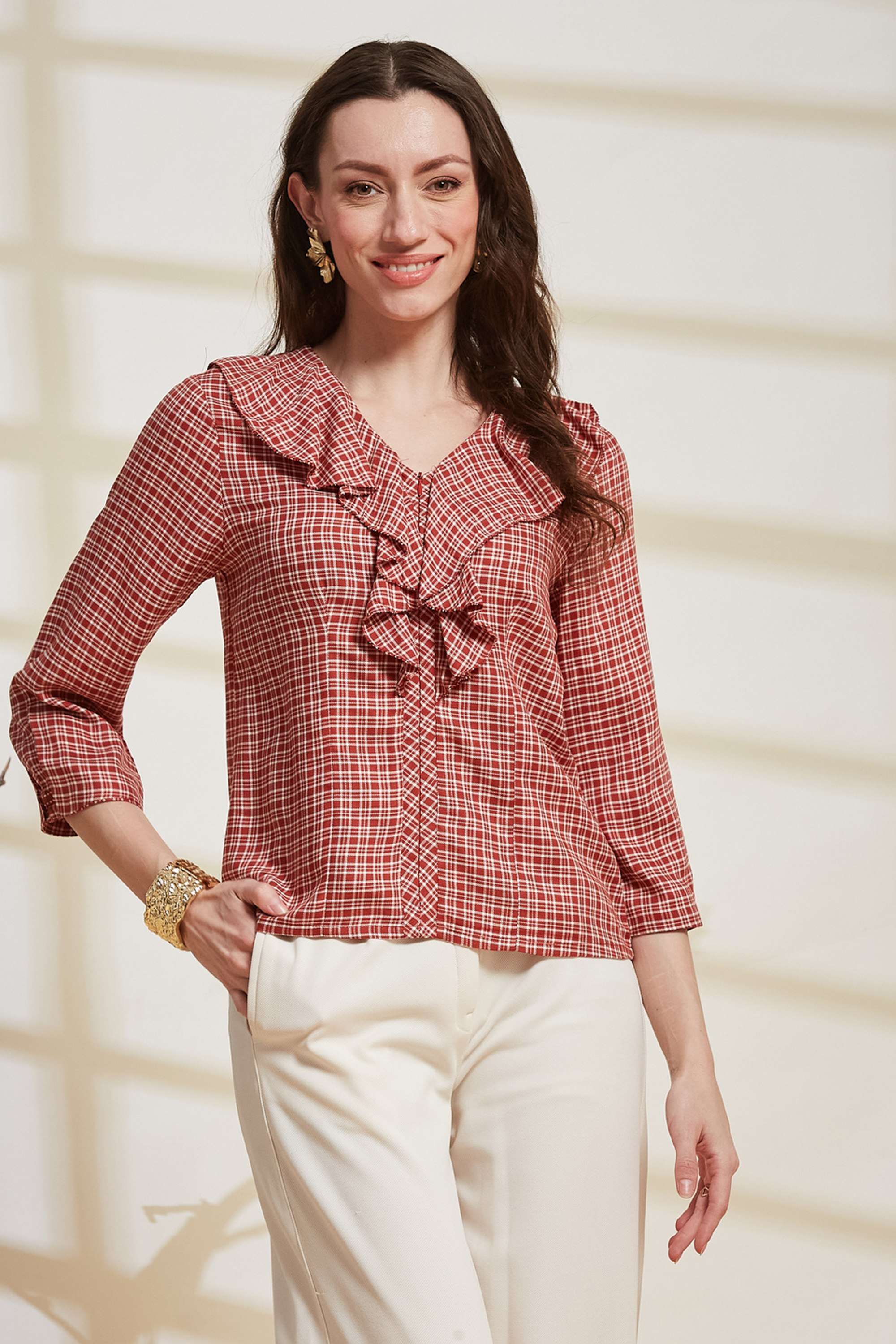 latin quarters Checks Viscose V-Neck Women's Top-picture-24
