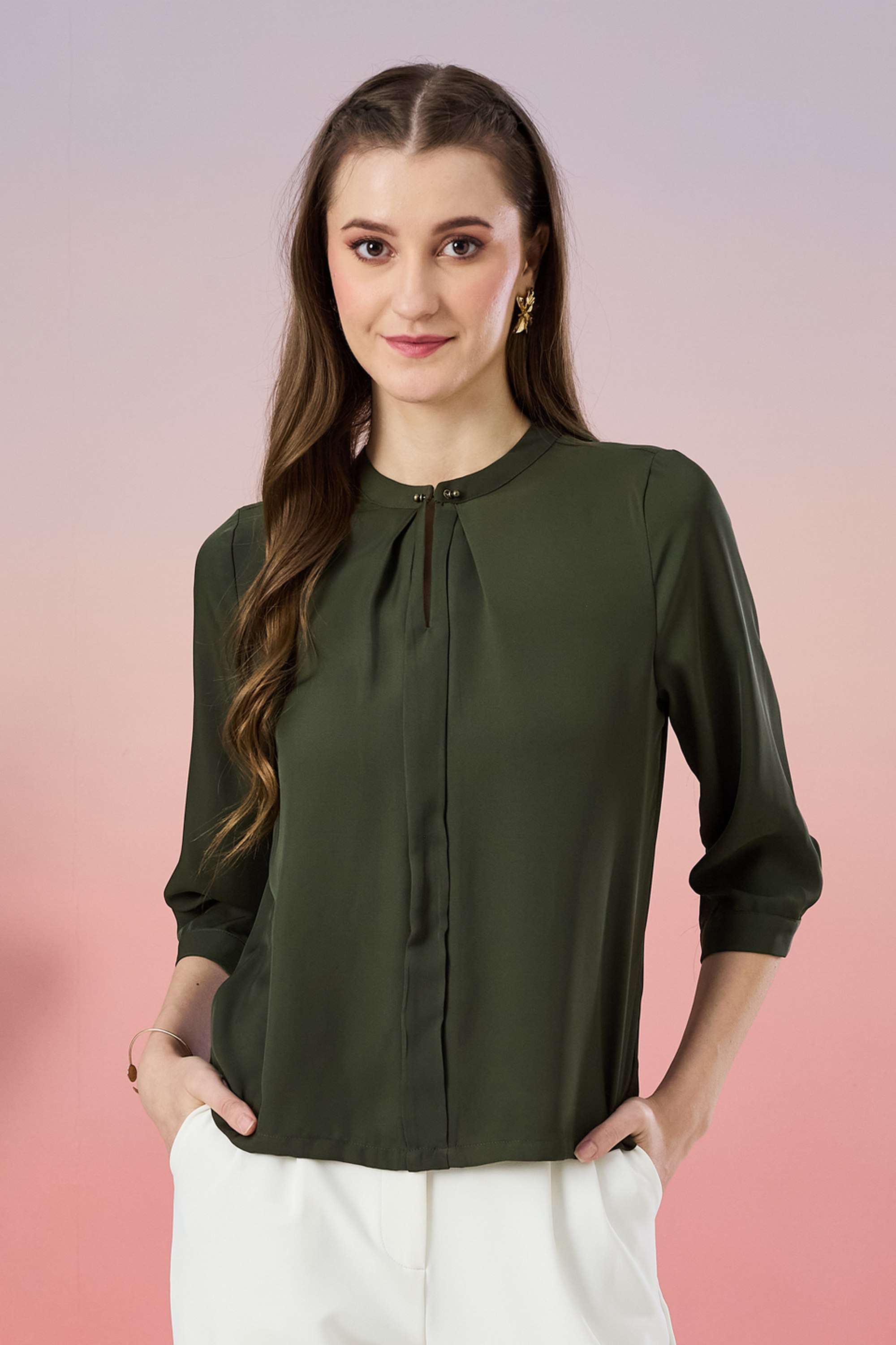 latin quarters Solid Polyester Collared Women's Top-picture-33