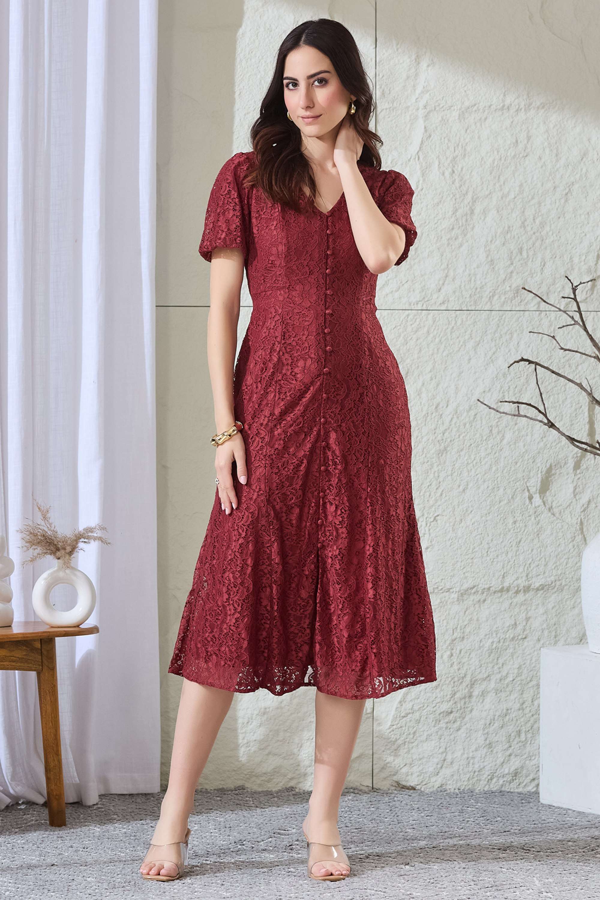 latin quarters Solid Nylon Stretch V-Neck Women's Midi Dress-picture-20
