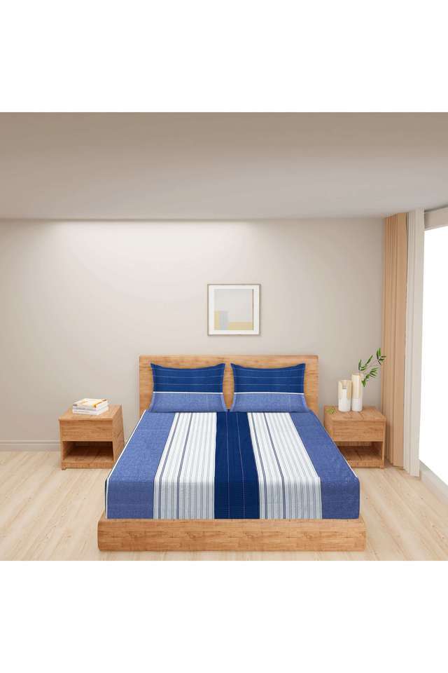 Blue-&-Creamy-White-Striped-210TC-Pure-Cotton-Premium-Ananda-Double-Bedsheet-Set