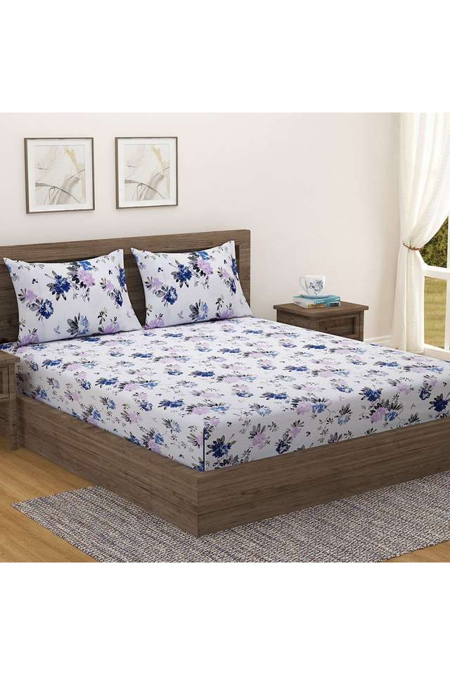 Blue-&-White-Floral-210TC-Pure-Cotton-Premium-Ananda-Double-Bedsheet-Set