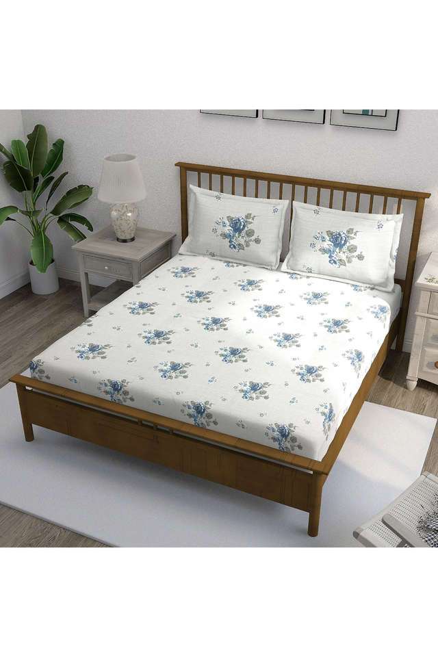 Grey-&-Blue-Floral-210TC-Pure-Cotton-Premium-Ananda-Double-Bedsheet-Set