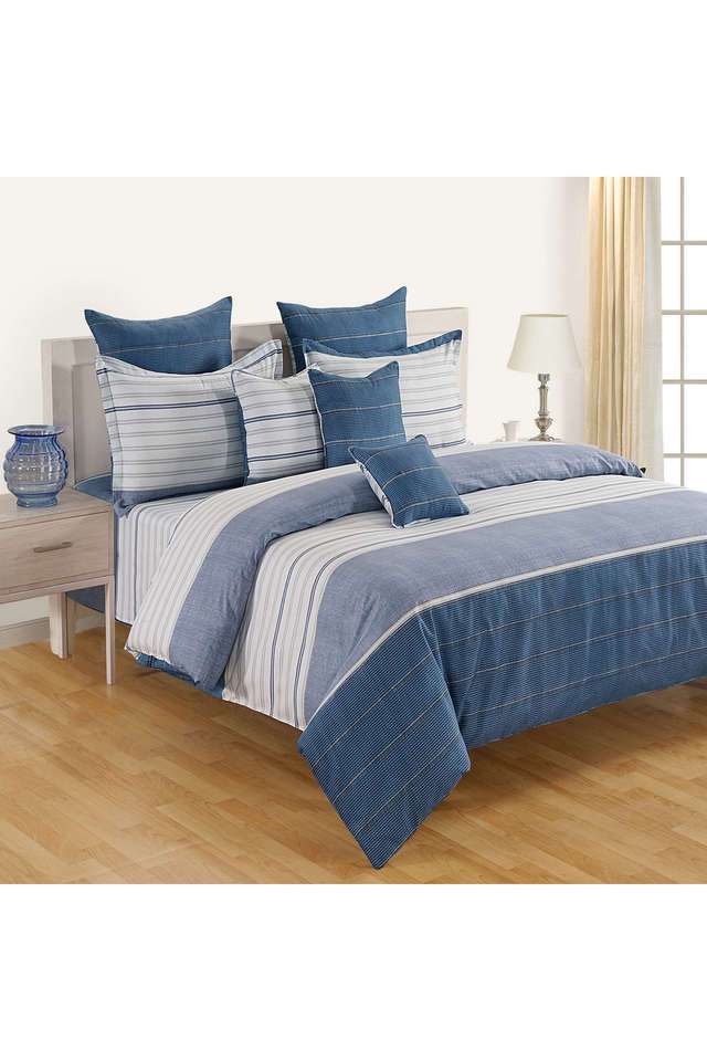 Blue-&-Creamy-White-Striped-210TC-Pure-Cotton-Premium-Ananda-King-Fitted-Bedsheet-Set
