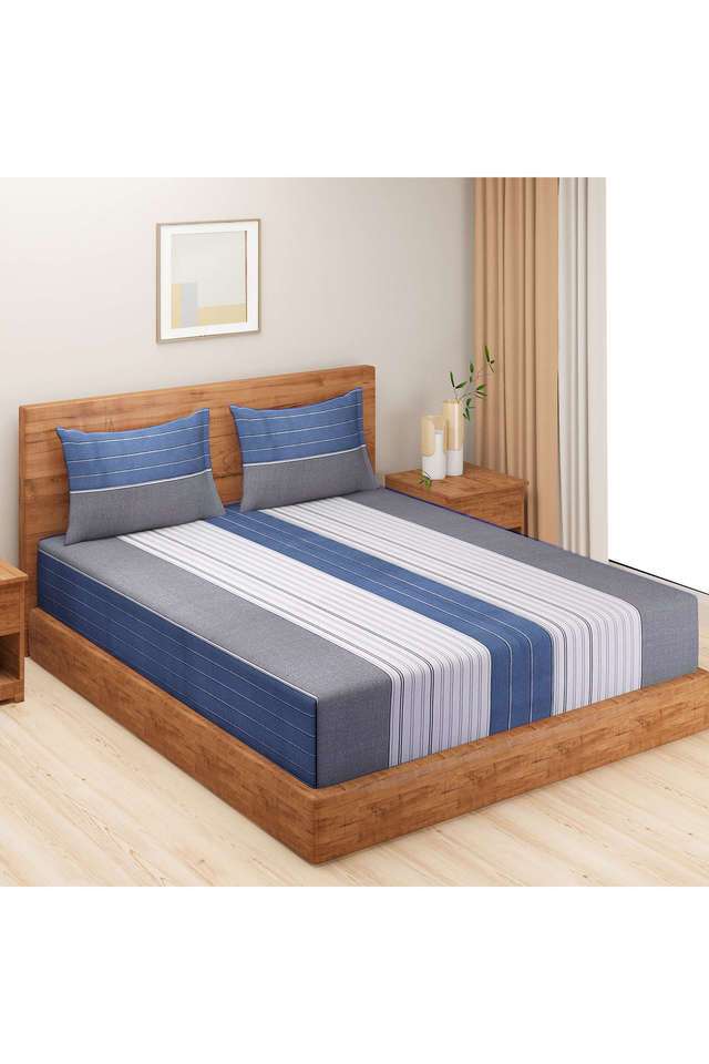 Blue-&-Creamy-White-Striped-210TC-Pure-Cotton-Premium-Ananda-King-Fitted-Bedsheet-Set