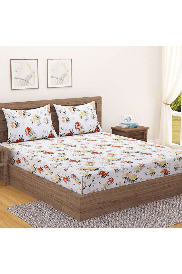 Yellow-&-White-Floral-210TC-Pure-Cotton-Premium-Ananda-King-Fitted-Bedsheet-Set