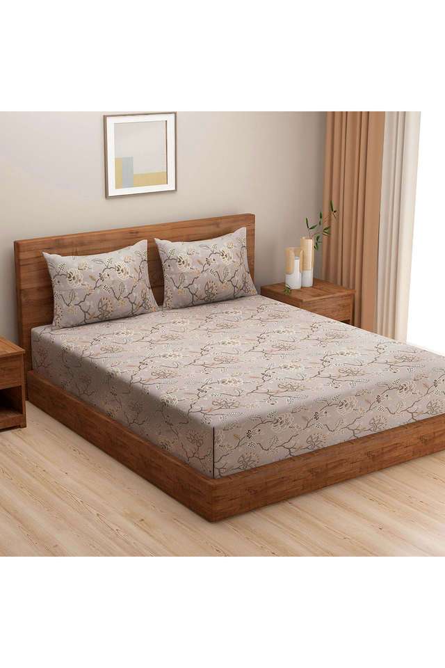 Brown-&-Beige-Floral-210TC-Pure-Cotton-Premium-Ananda-King-Fitted-Bedsheet-Set
