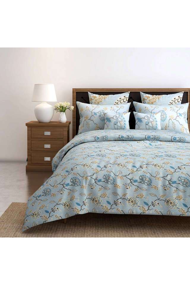 Light-Blue-&-Cream-Floral-210TC-Pure-Cotton-Premium-Ananda-King-Fitted-Bedsheet-Set