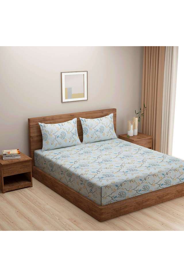 Light-Blue-&-Cream-Floral-210TC-Pure-Cotton-Premium-Ananda-King-Fitted-Bedsheet-Set