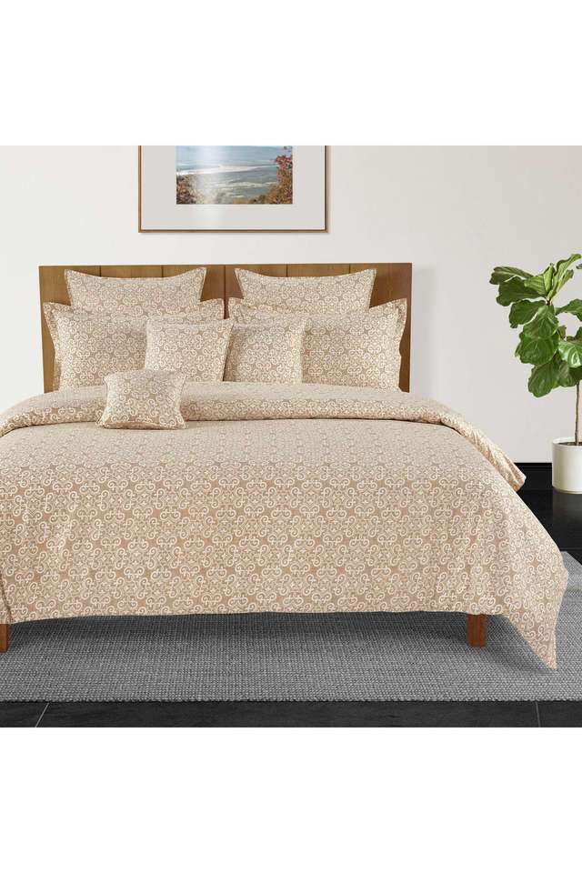 Beige-&-White-Motif-210TC-Pure-Cotton-Premium-Ananda-King-Fitted-Bedsheet-Set