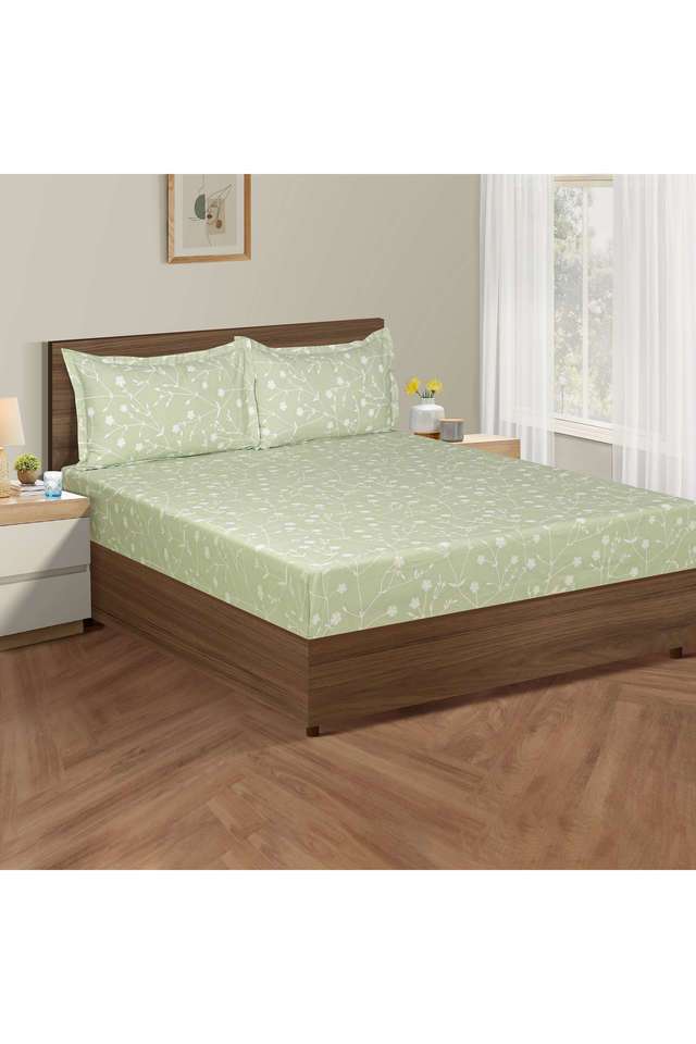 Green-&-White-Floral-210TC-Pure-Cotton-Premium-Ananda-King-Fitted-Bedsheet-Set