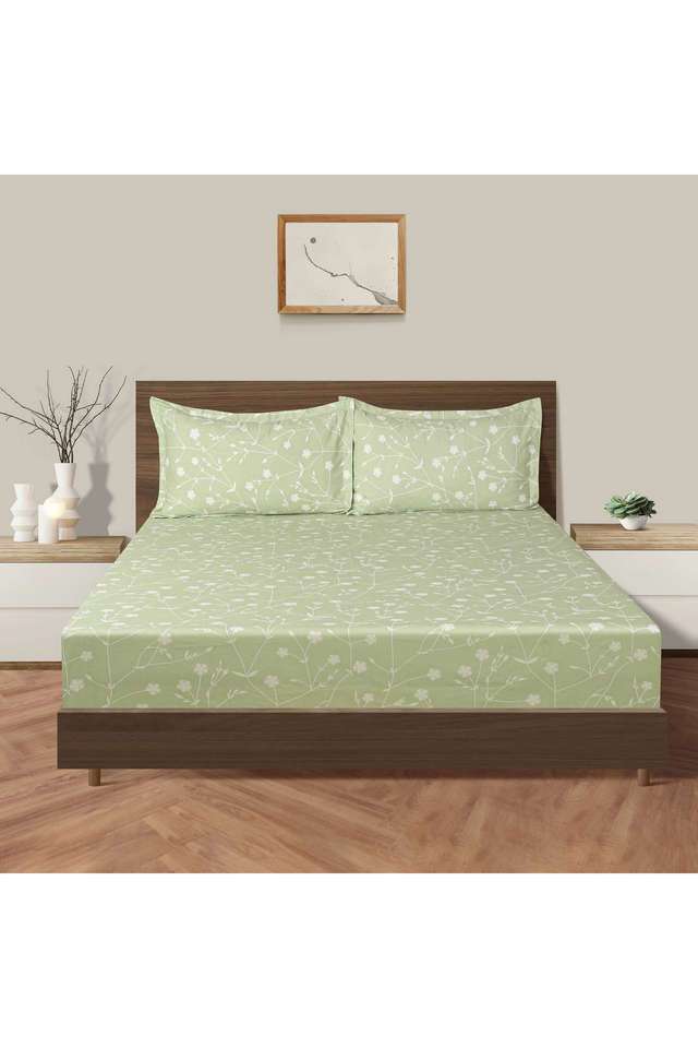 Green-&-White-Floral-210TC-Pure-Cotton-Premium-Ananda-King-Fitted-Bedsheet-Set