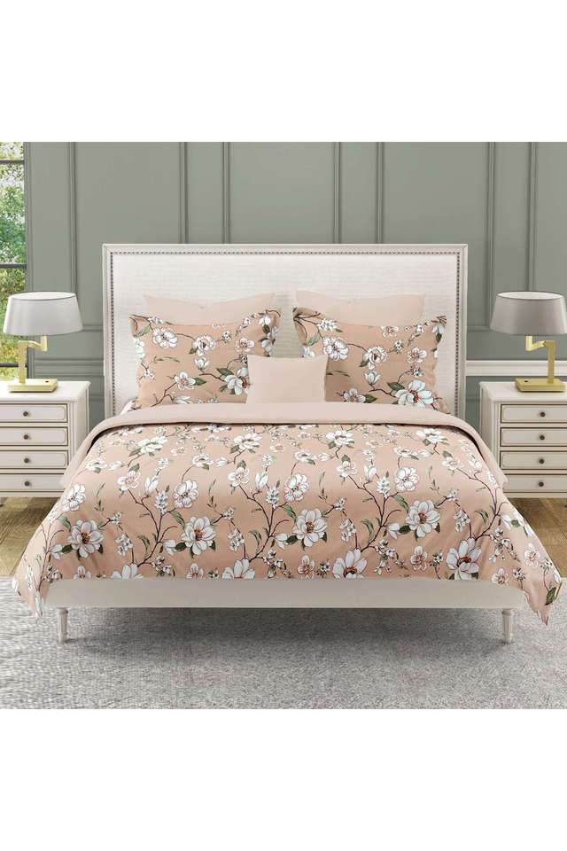 Peachy-Beige-&-White-Floral-210TC-Pure-Cotton-Premium-Ananda-King-Fitted-Bedsheet-Set