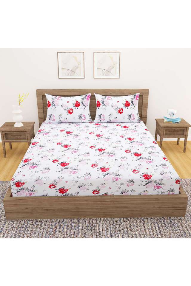 Pink-&-White-Floral-210TC-Pure-Cotton-Premium-Ananda-King-Bedsheet-Set