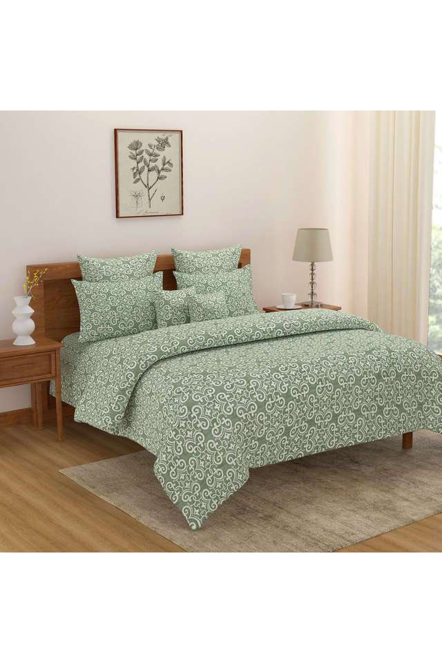 Soft-Mint-Green-&-White-Motif-210TC-Pure-Cotton-Premium-Ananda-King-Bedsheet-Set