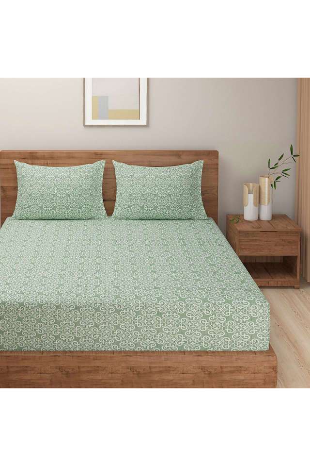 Soft-Mint-Green-&-White-Motif-210TC-Pure-Cotton-Premium-Ananda-King-Bedsheet-Set