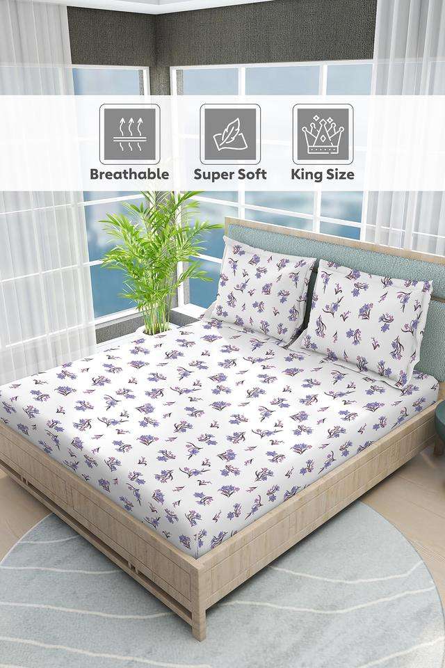 Nature-Bouquet-100--Cotton-300-TC-White-Floral-Print-King-Bedsheet-with-2-Pillow-Covers