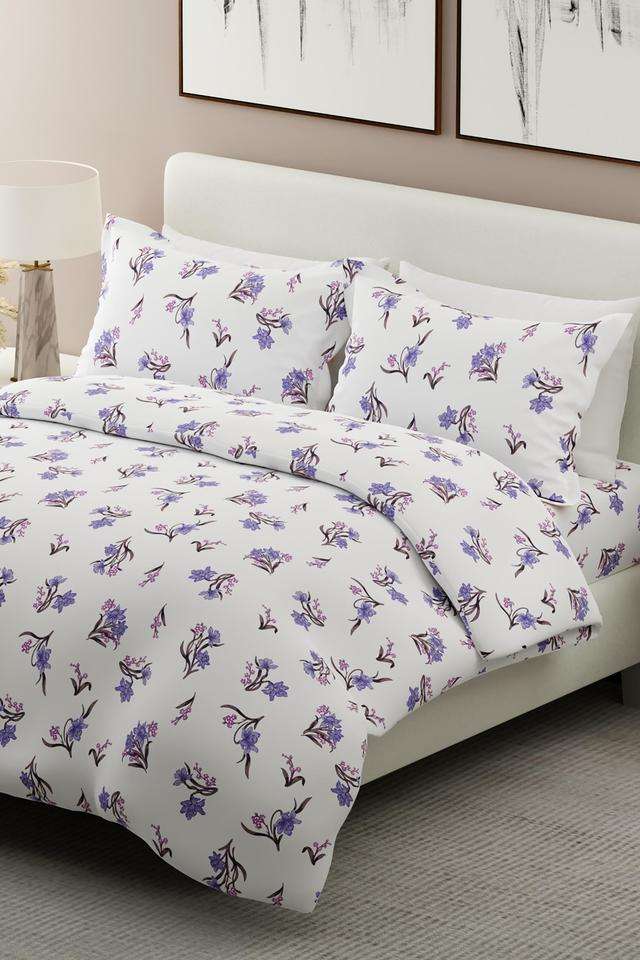 Nature-Bouquet-100--Cotton-300-TC-White-Floral-Print-King-Bedsheet-with-2-Pillow-Covers