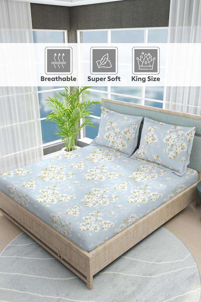 Nature-Bouquet-100--Cotton-300-TC-Blue-Floral-Print-King-Bedsheet-with-2-Pillow-Covers