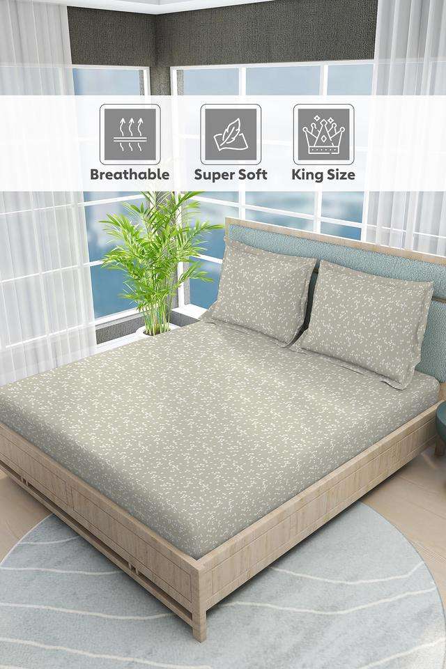 Nature-Bouquet-100--Cotton-300-TC-Grey-Floral-Print-King-Bedsheet-with-2-Pillow-Covers