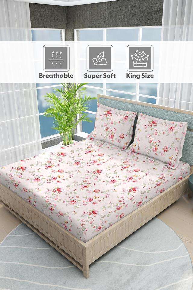 Nature-Bouquet-100--Cotton-300-TC-Pink-Floral-Print-King-Bedsheet-with-2-Pillow-Covers