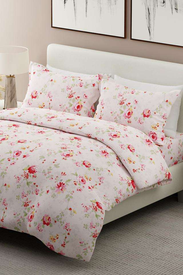 Nature-Bouquet-100--Cotton-300-TC-Pink-Floral-Print-King-Bedsheet-with-2-Pillow-Covers