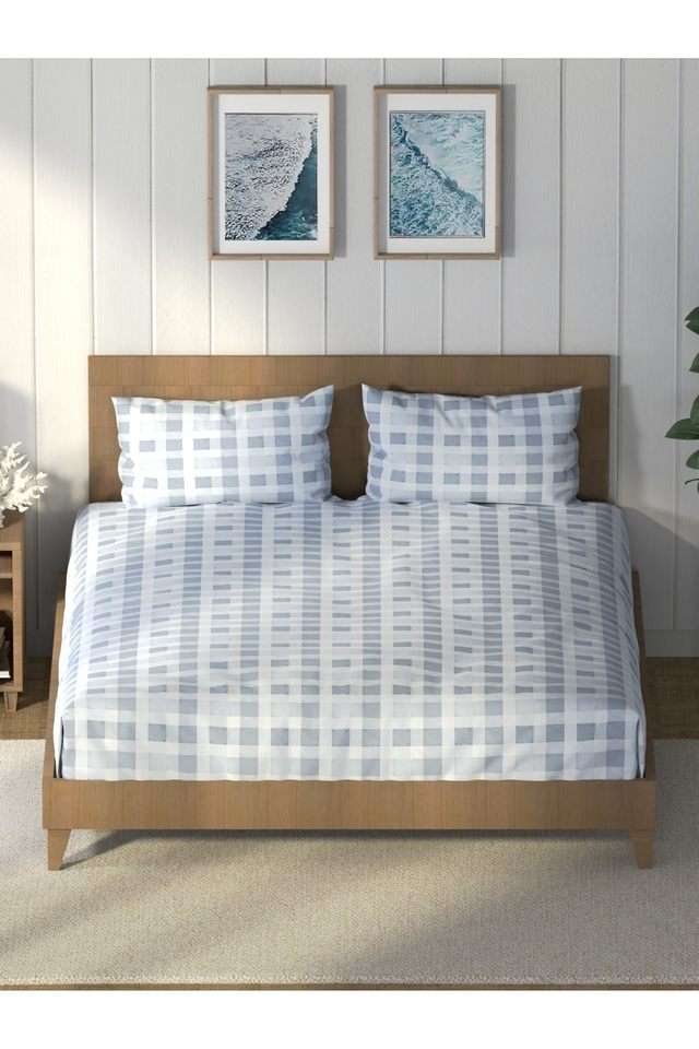 Super-Soft-100--Cotton-King-Bedsheet-And-2-Pillow-Covers--3Pc-Set-(Raymarine)-Checks-Skyway